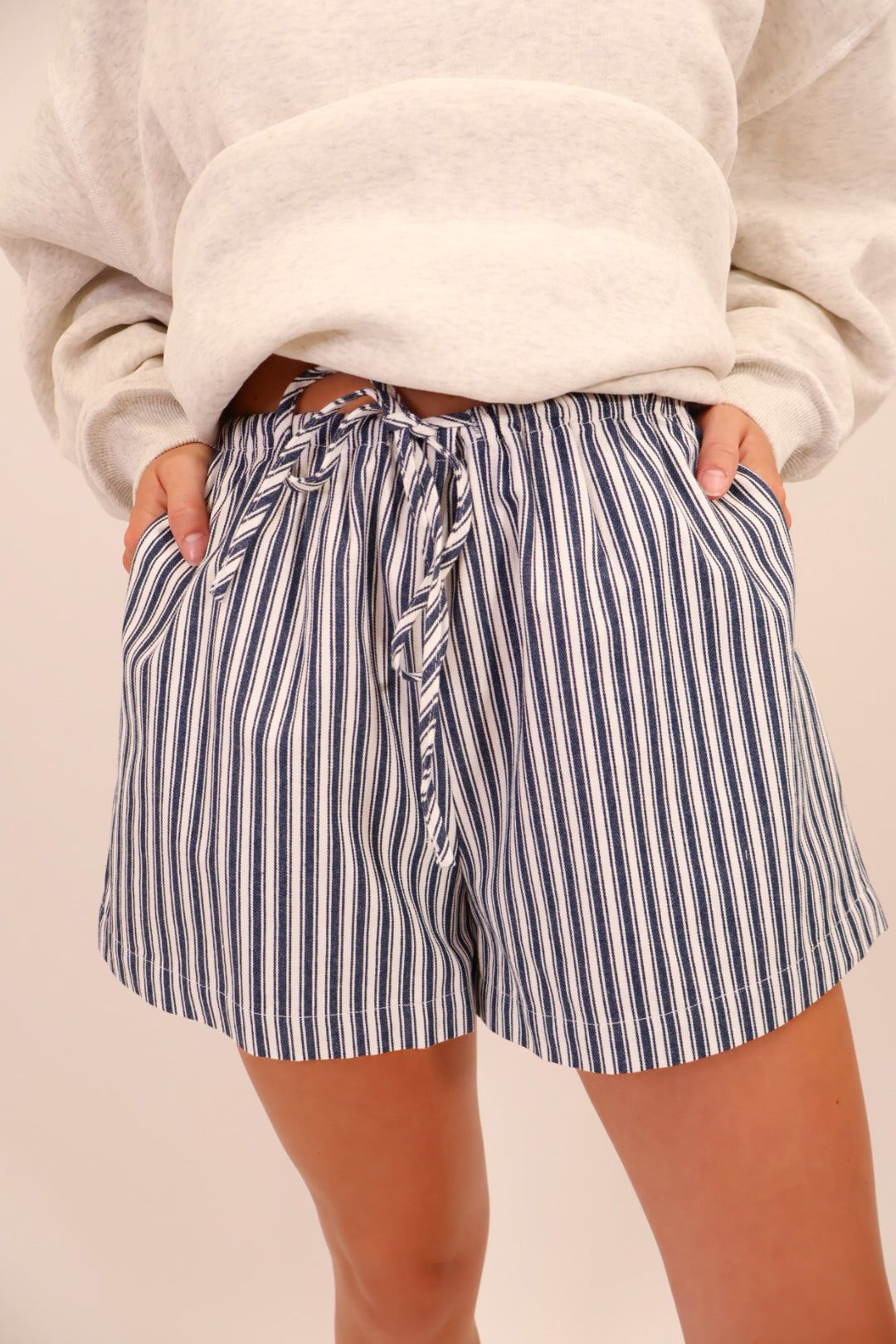 Navy Striped Drawstring Twill Shorts