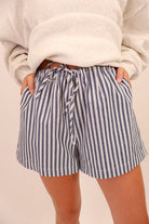 Navy Striped Drawstring Twill Shorts