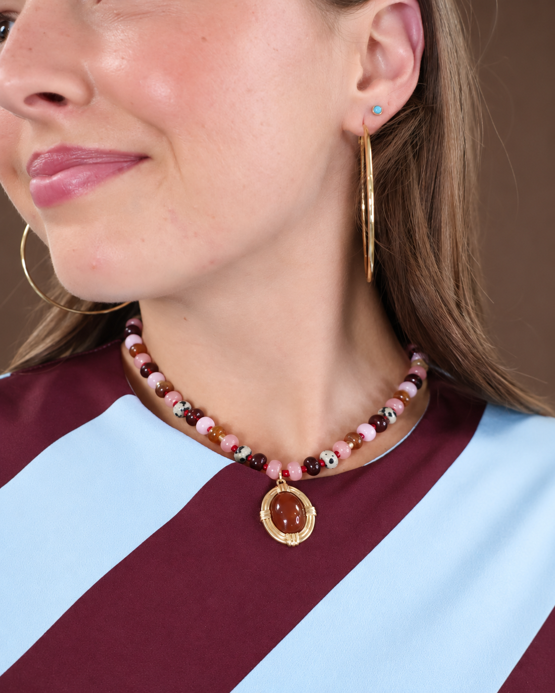 Burgundy Multi Beaded Pendant Necklace