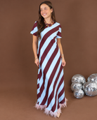 Striped Maxi Dress with Feather Trim Hem