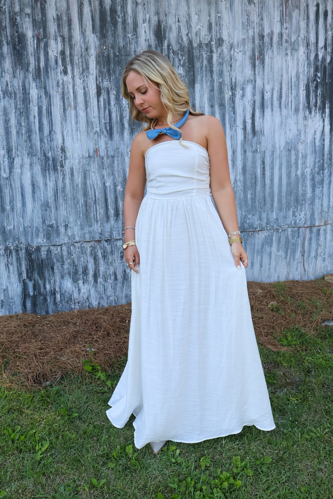 Off White Strapless Maxi Dress