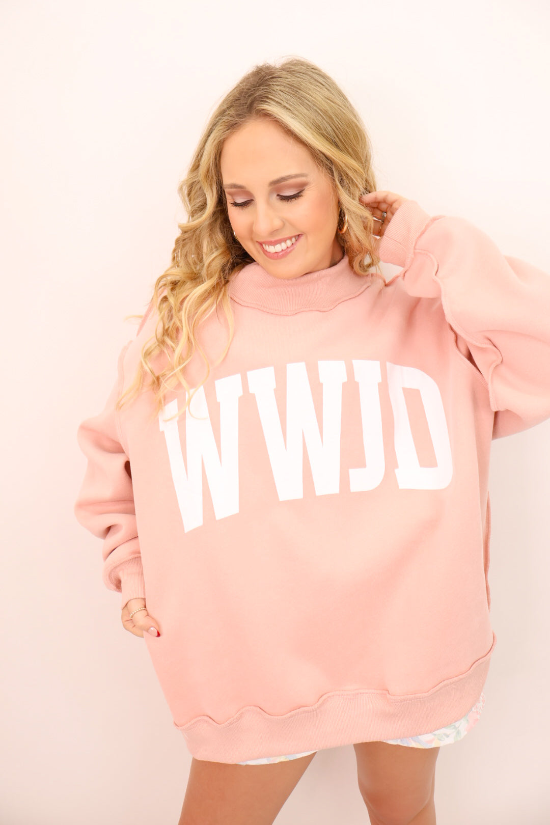 Amen WWJD Reversible Mock Neck Pullover – Blush – Moda Boutique