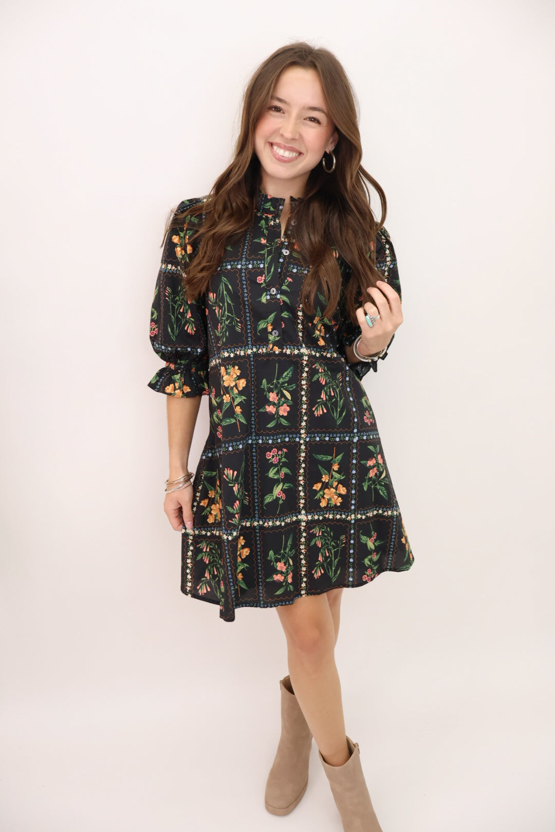 Black Floral Patchwork Mini Dress