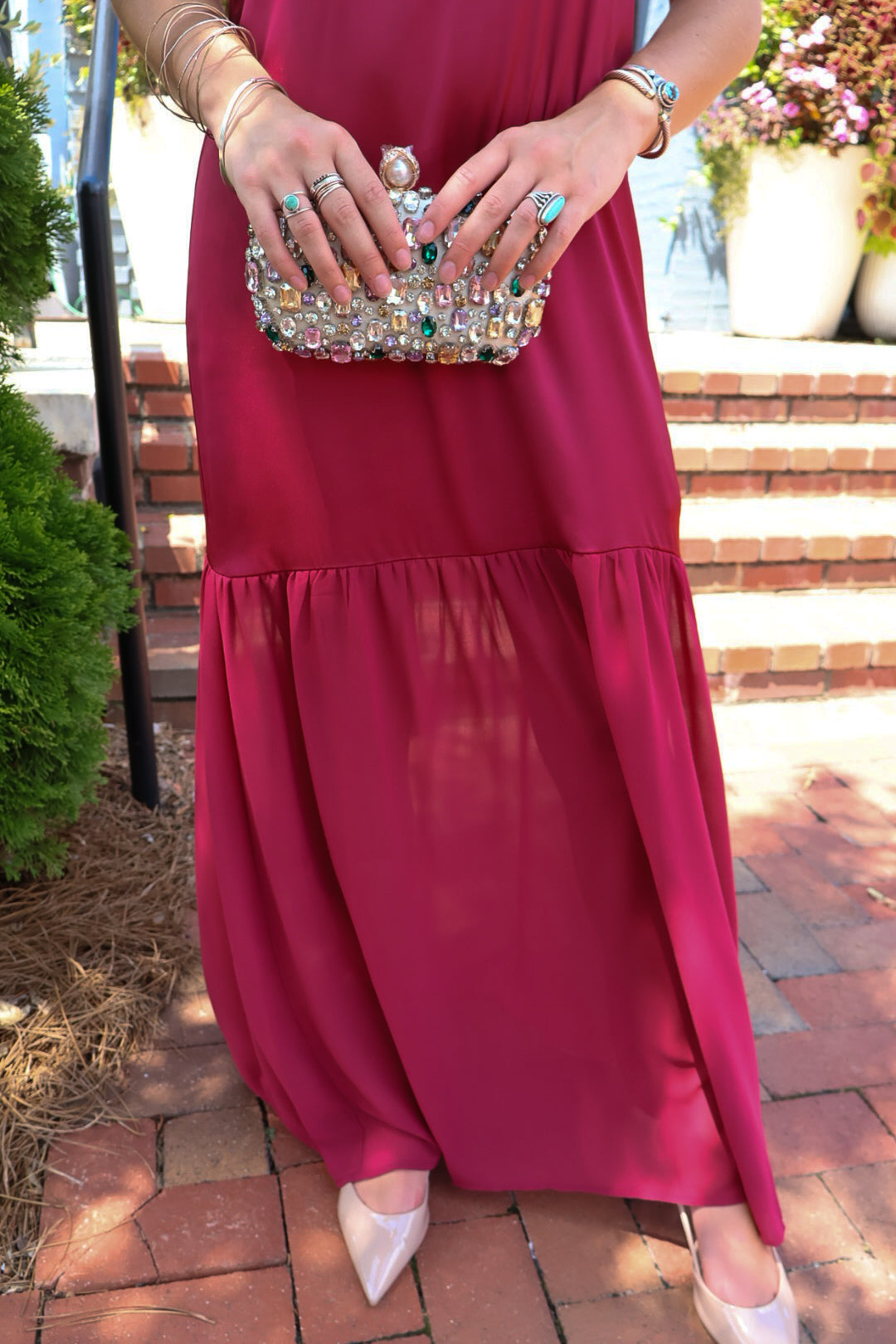 Burgundy satin slip maxi dress with adjustable straps and a detachable neck scarf