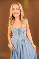 Chambray corset midi dress with tie-front detail
