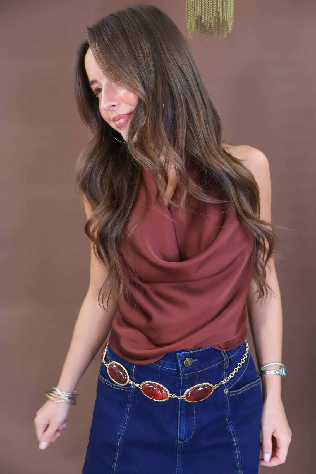 Brown satin cowl neck top with open back and tie closure