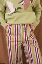 Multicolor Striped Wide Leg Pants — close-up of drawstring waistband.