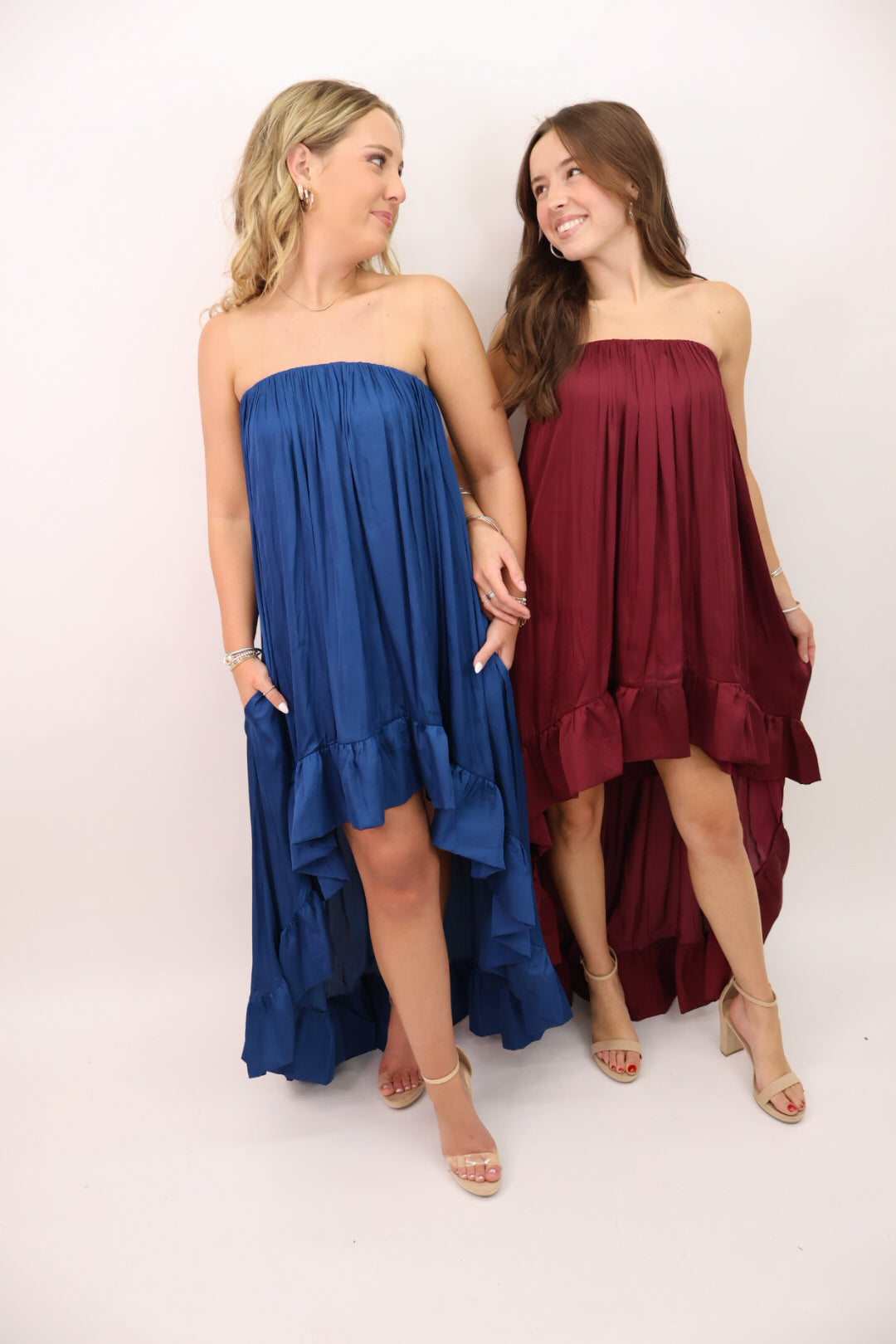 Satin Strapless High-Low Maxi Dress - Burgundy