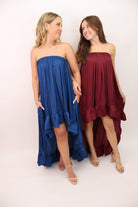 Satin Strapless High-Low Maxi Dress - Burgundy