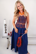 Navy & Orange Trimmed Crop Top & Midi Skirt Set