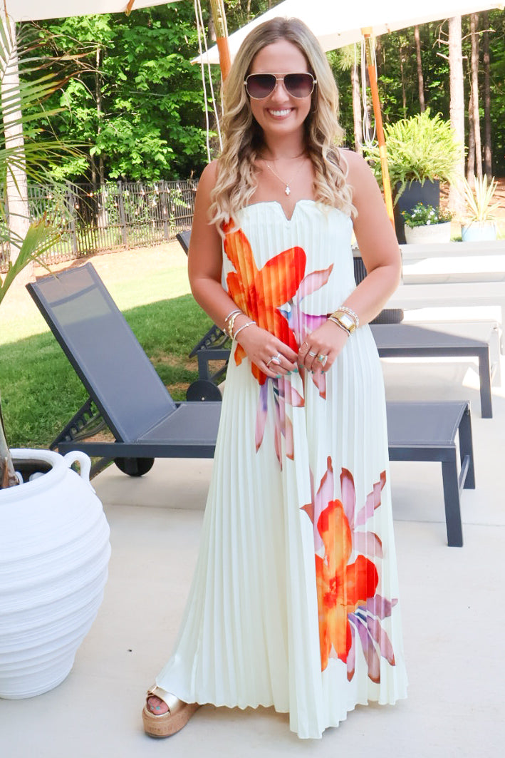 strapless pleated maxi dress Floral – Moda Boutique corset-inspired bodice Size:US 2/UK 4/Europe 32 Maxi Length Cinched Waist Stripe Tiered
