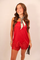 Red Satin Lace Trim Strapless Top & Shorts Set