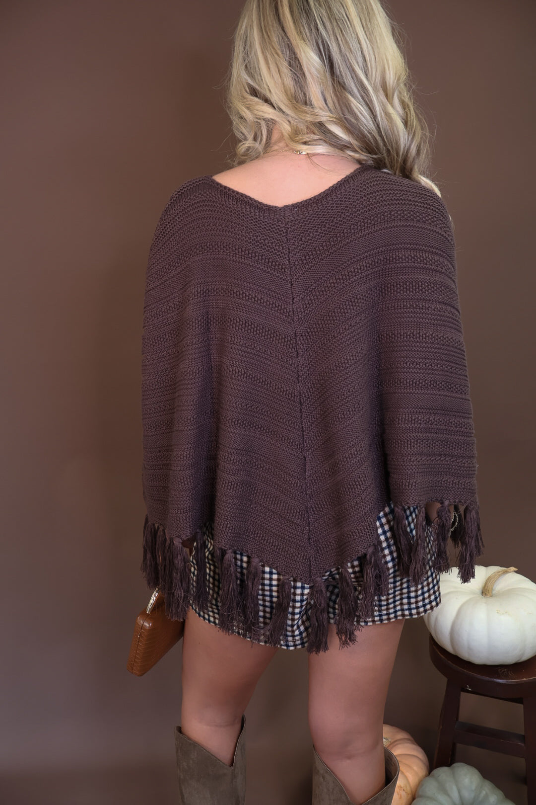 Chocolate Brown Crochet Fringe Poncho Top — back view.