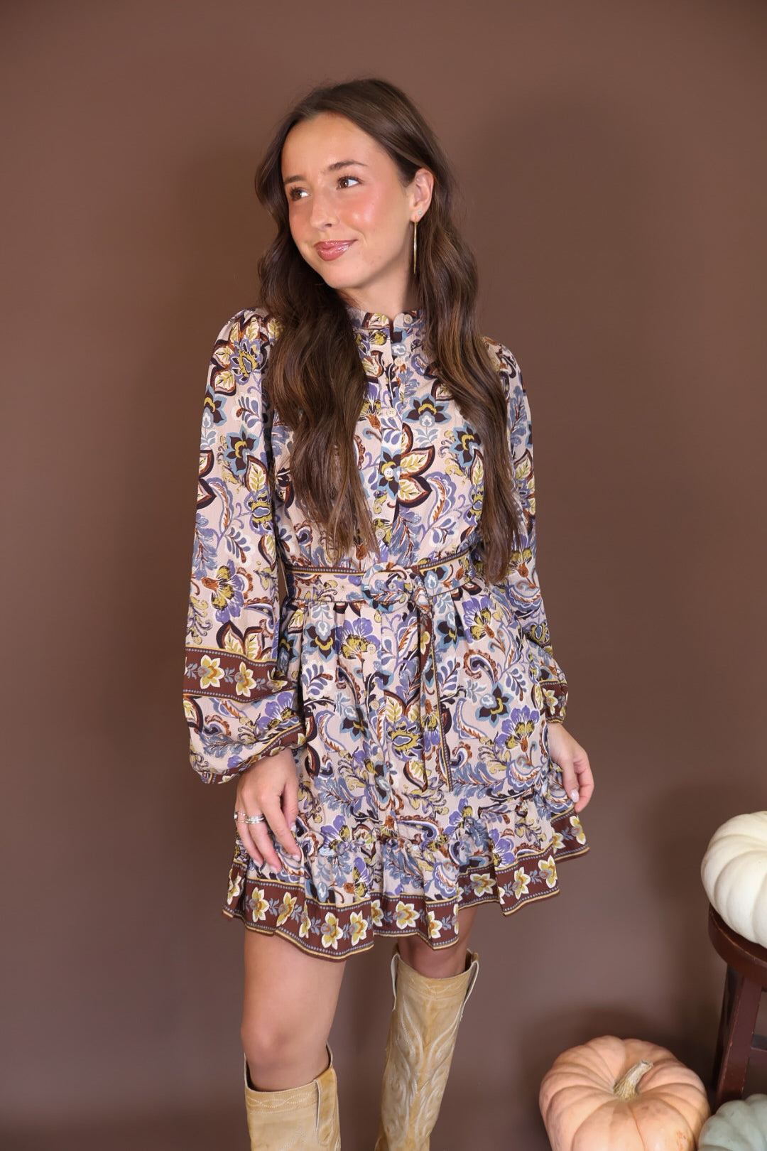 Floral Print Belted Long Sleeve Mini Dress — front view with belt.