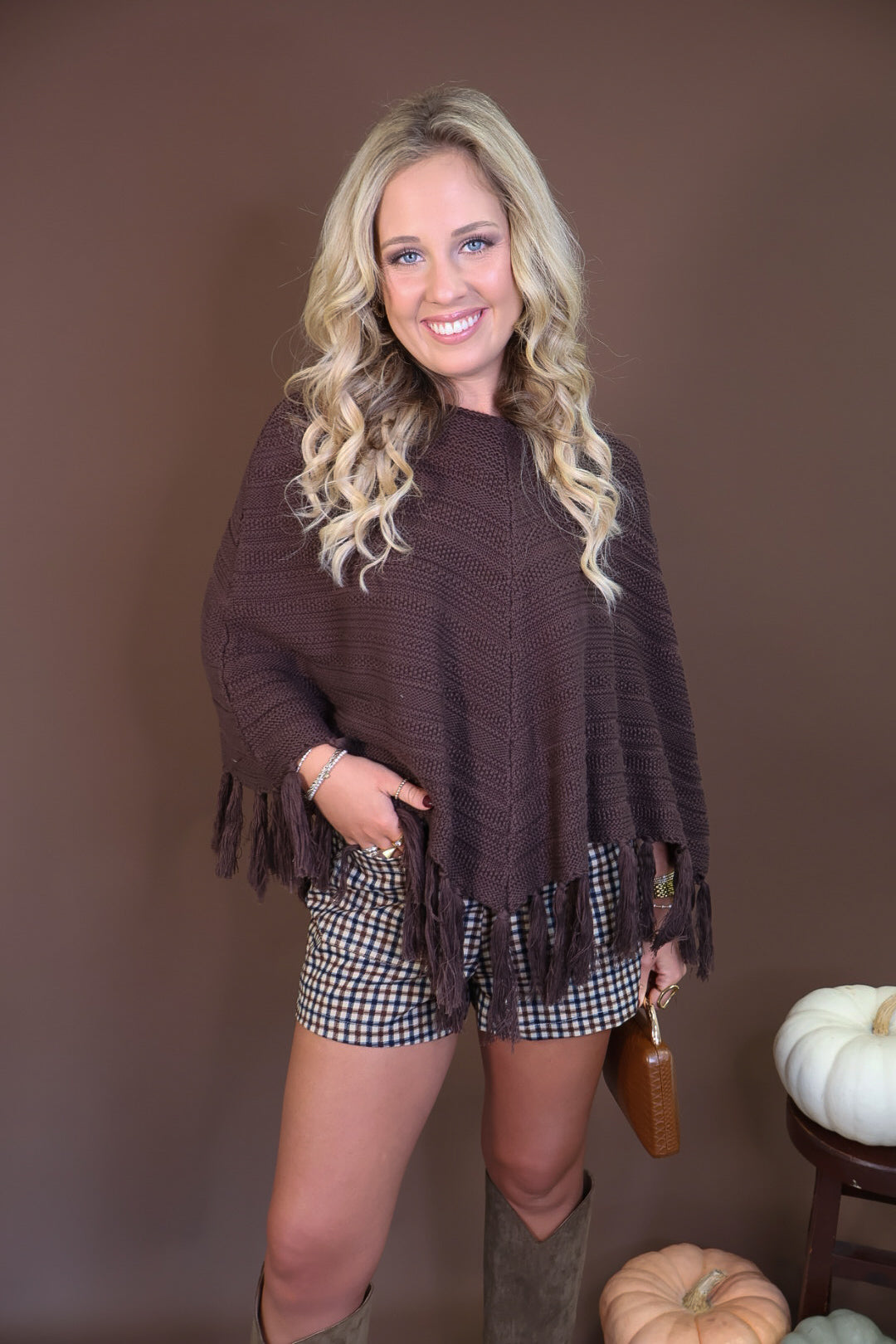 Chocolate Brown Crochet Fringe Poncho Top — front view.