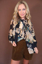 Black Floral Tie-Front Blouse — front view.