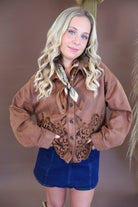 Chocolate faux suede shirt jacket with sheer cutout hem
