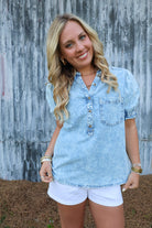 Chambray Denim Half Button Top