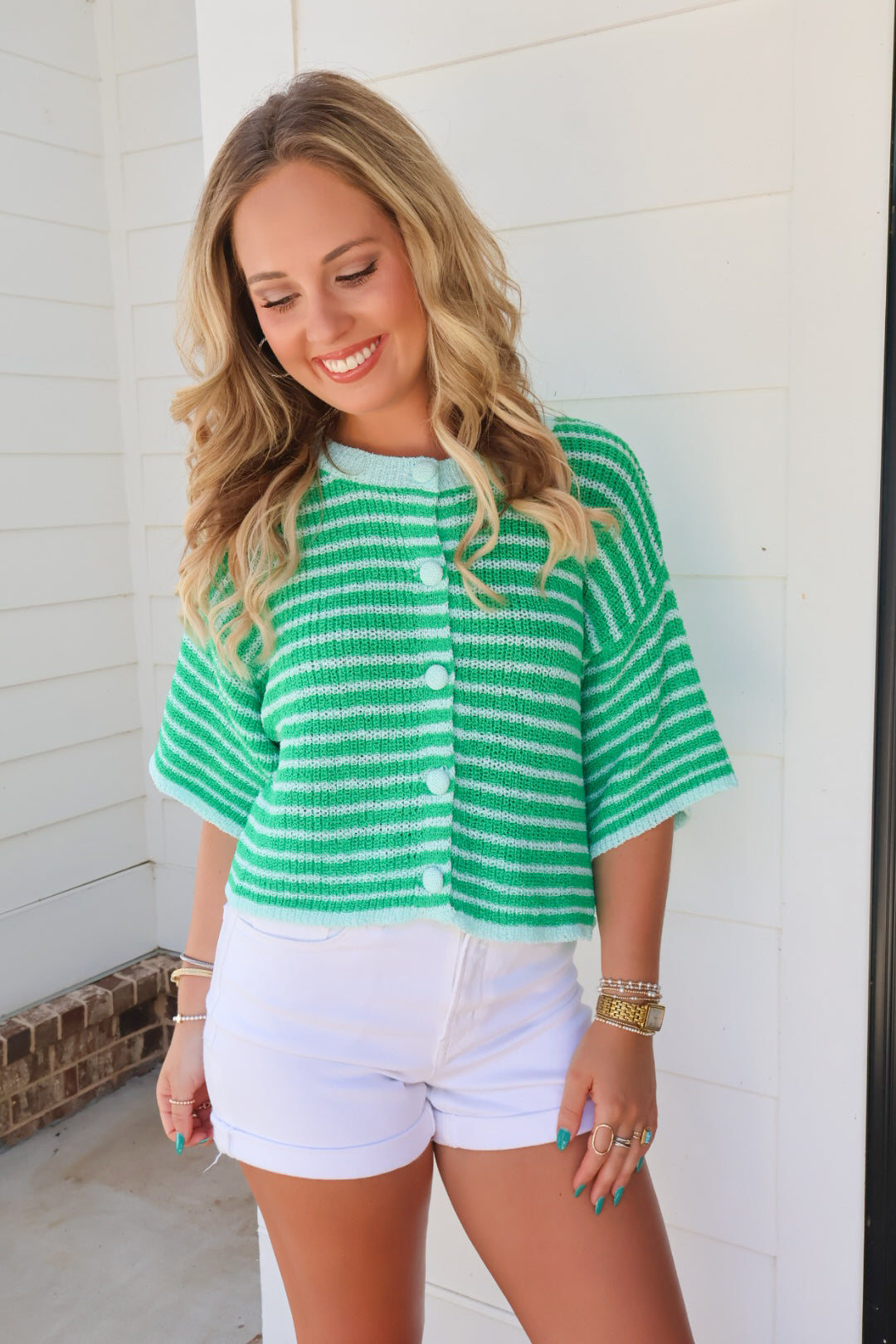 Kelly Green Striped Button Front Sweater