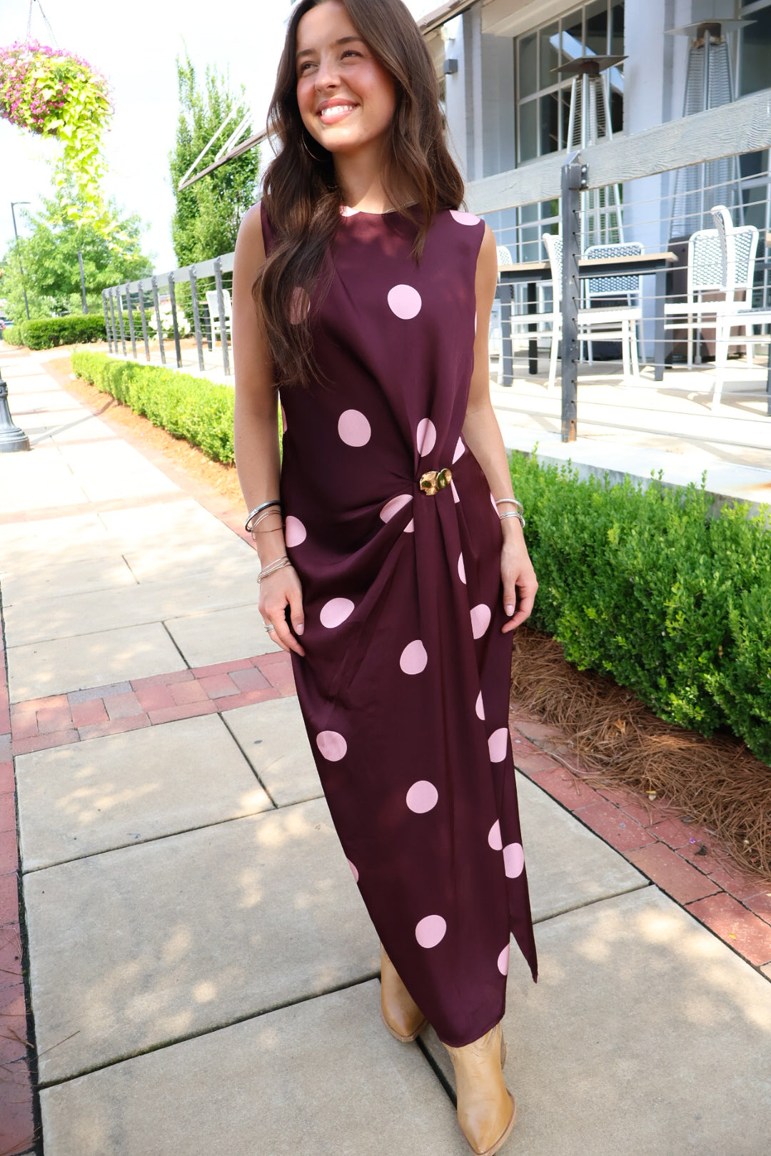 Plum Dot Buckle Detail Midi Dress