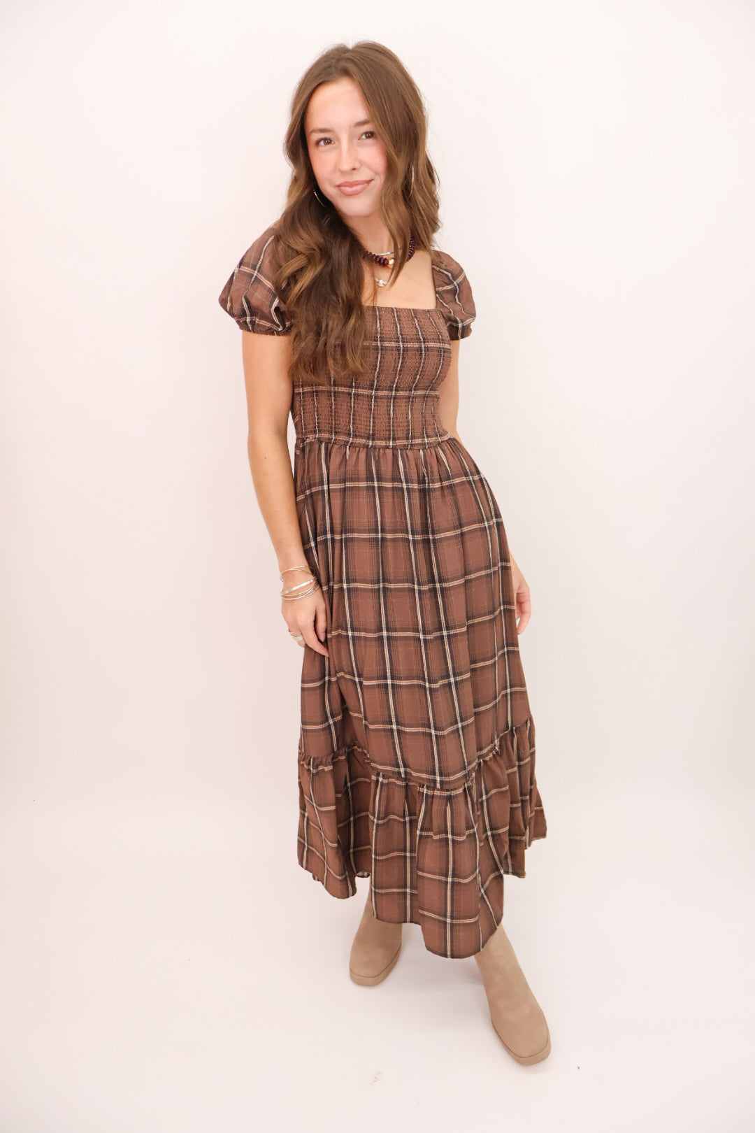 Brown Plaid Midi Dress