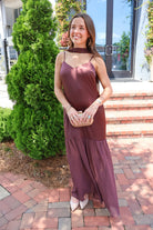 Chocolate brown satin slip maxi dress with adjustable straps and a detachable neck scarf