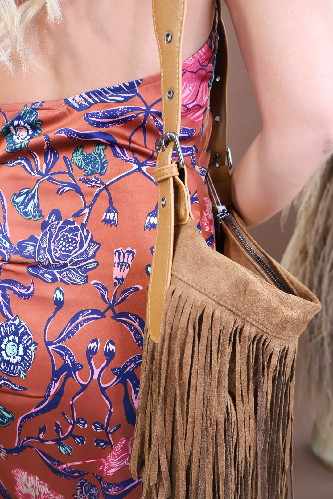 Brown suede fringe crossbody bag