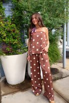 Brown Polka Dot Satin Pants Set