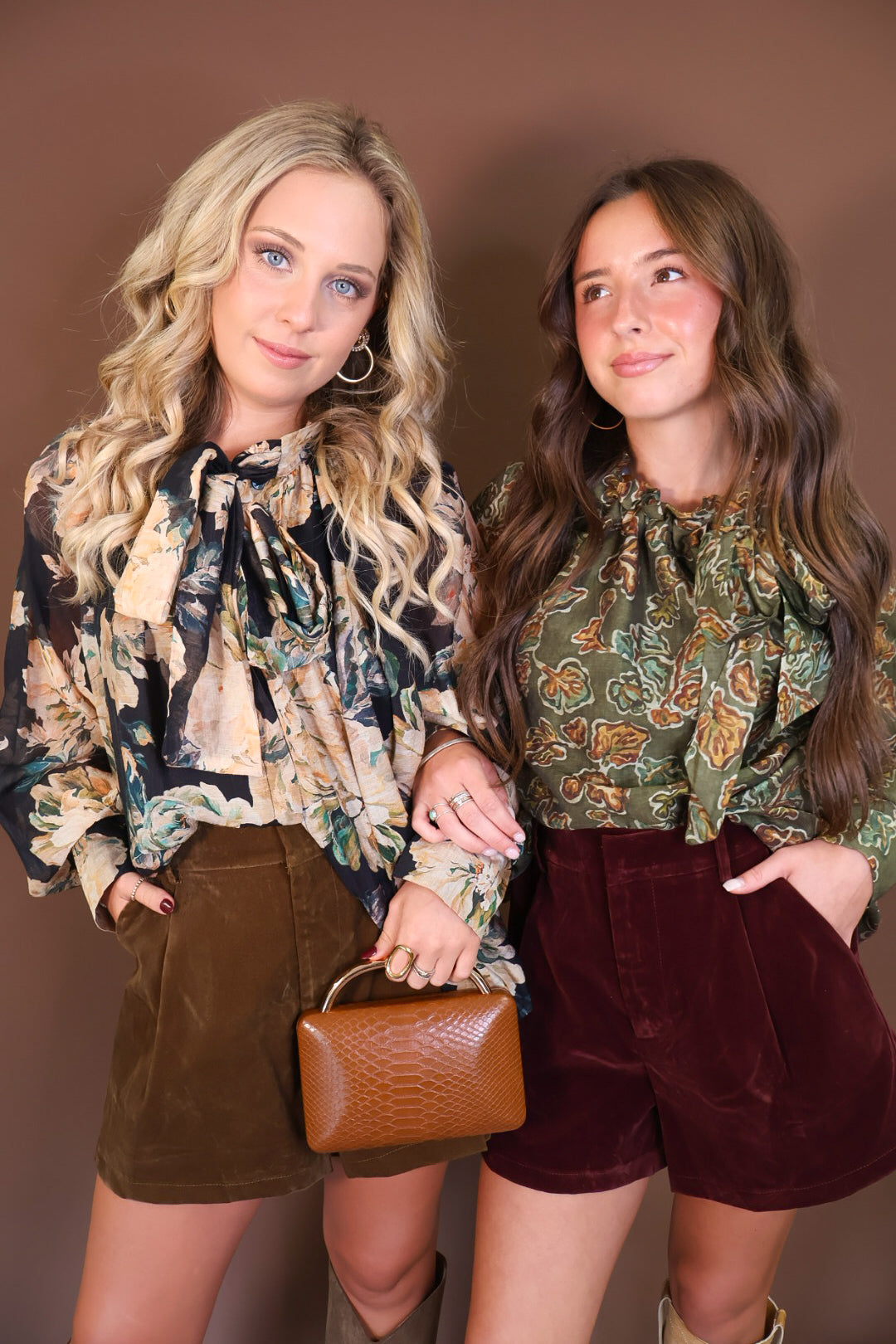 Black Floral Tie-Front Blouse — shown beside an olive floral blouse.