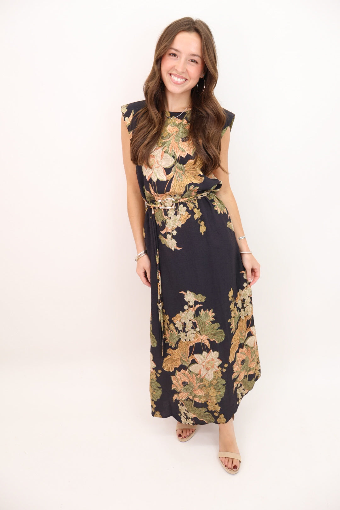 Black Floral Belted Midi Dress