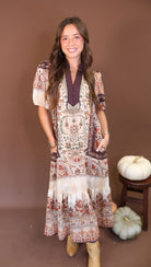 Boho Print Short Sleeve Midi Dress — full front view.