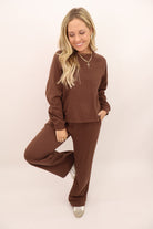 Causal Raglan Top and Pants Set - Brown