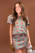 Satin Puff Sleeve Top & Mini Skirt Set with Feather Trim