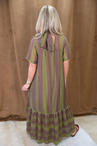 Olive Printed Tie-Back Midi Dress — back view showing neck tie.