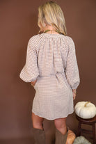 Brown Plaid Tie-Waist Shirt Dress — back view.