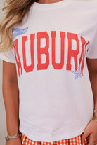 White Auburn arched graphic crop tee with War Eagle pennant and checkered star — view 3