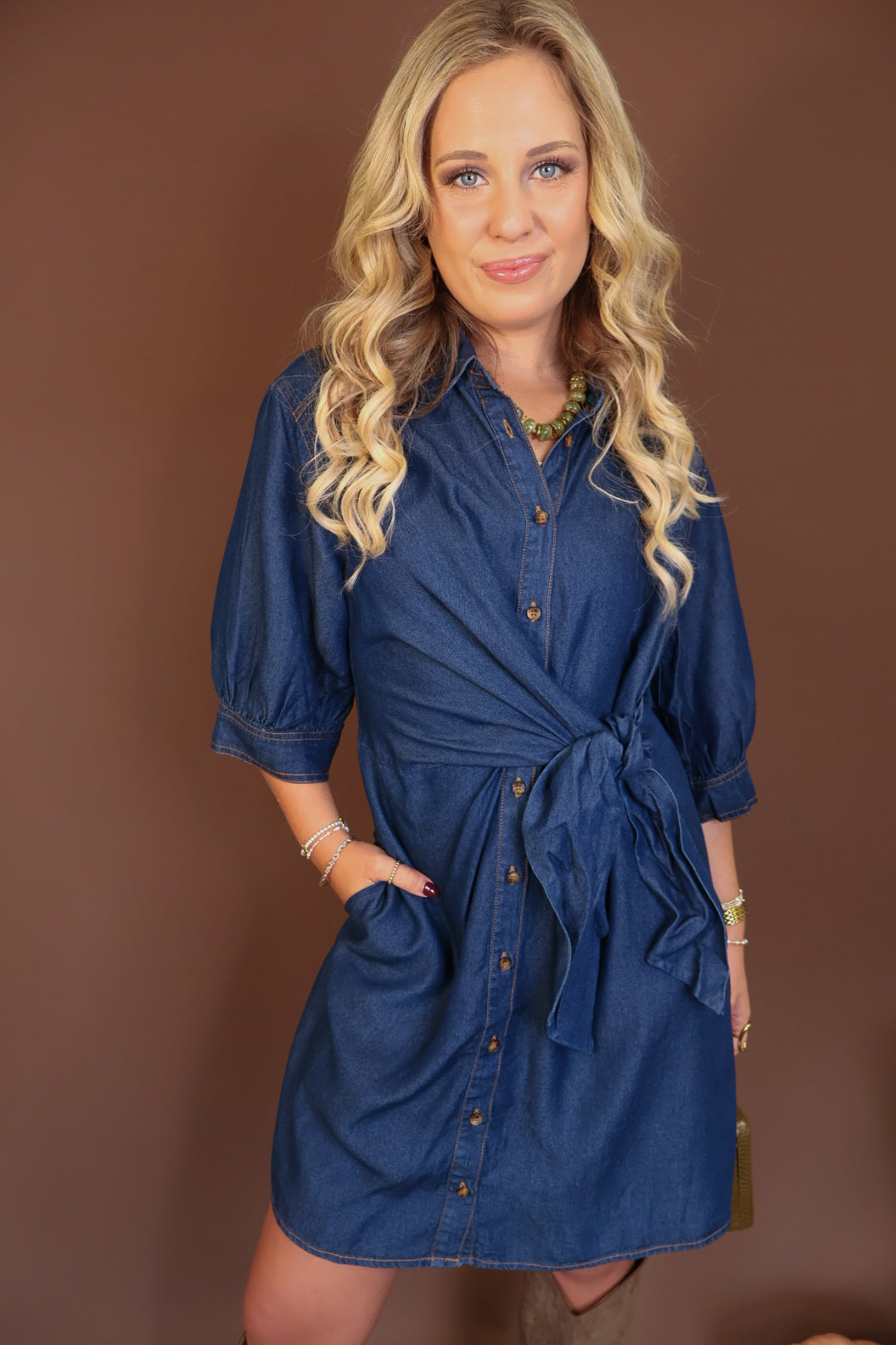 Dark Denim Tie-Front Shirt Dress — front view.