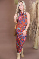 Rust floral satin cowl neck maxi dress with open back