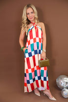 Multi Color Checkered Halter Maxi Dress
