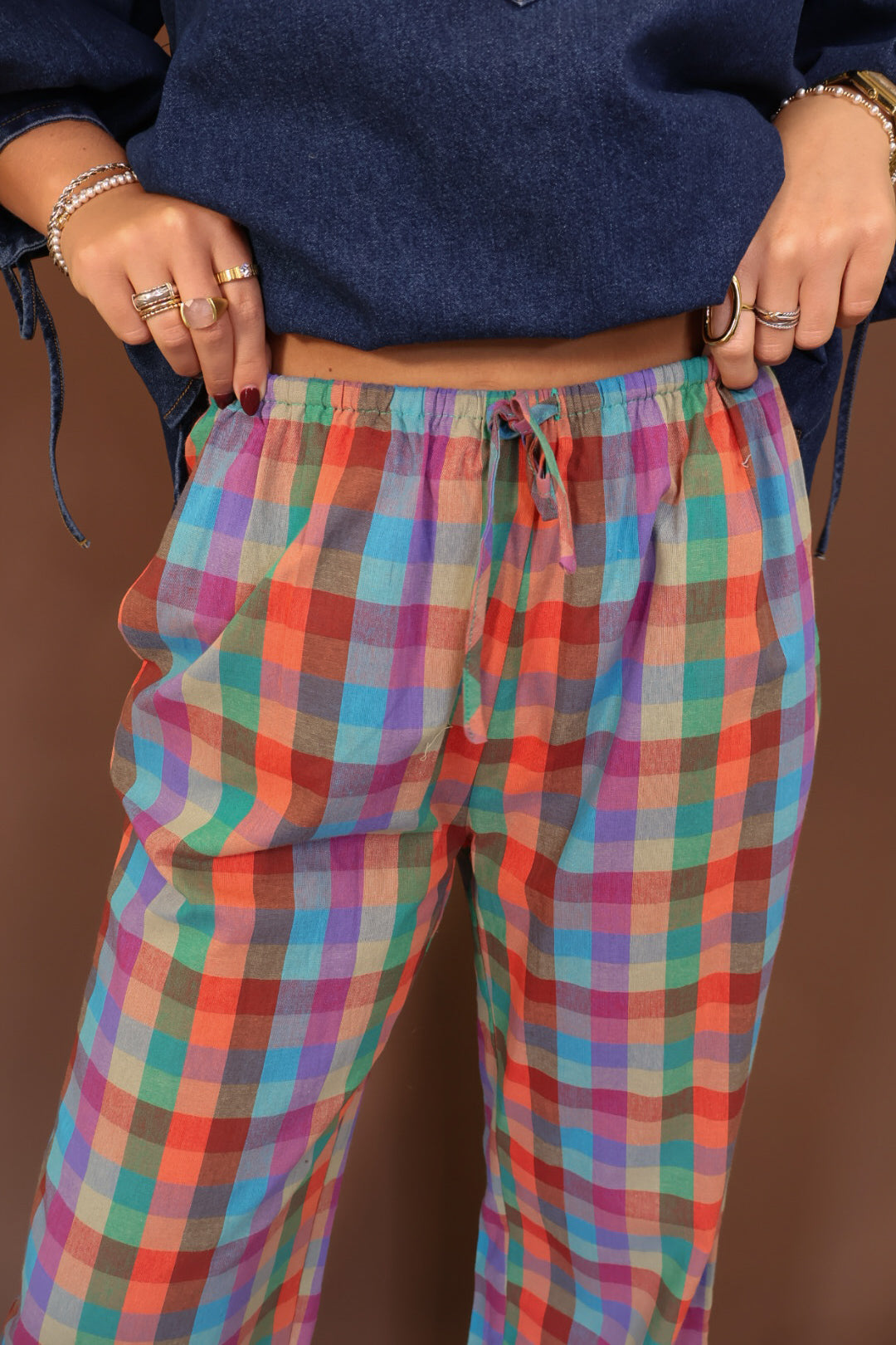 Multicolor Plaid Ruffle Hem Pants — close-up of drawstring waistband.