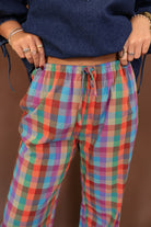 Multicolor Plaid Ruffle Hem Pants — close-up of drawstring waistband.