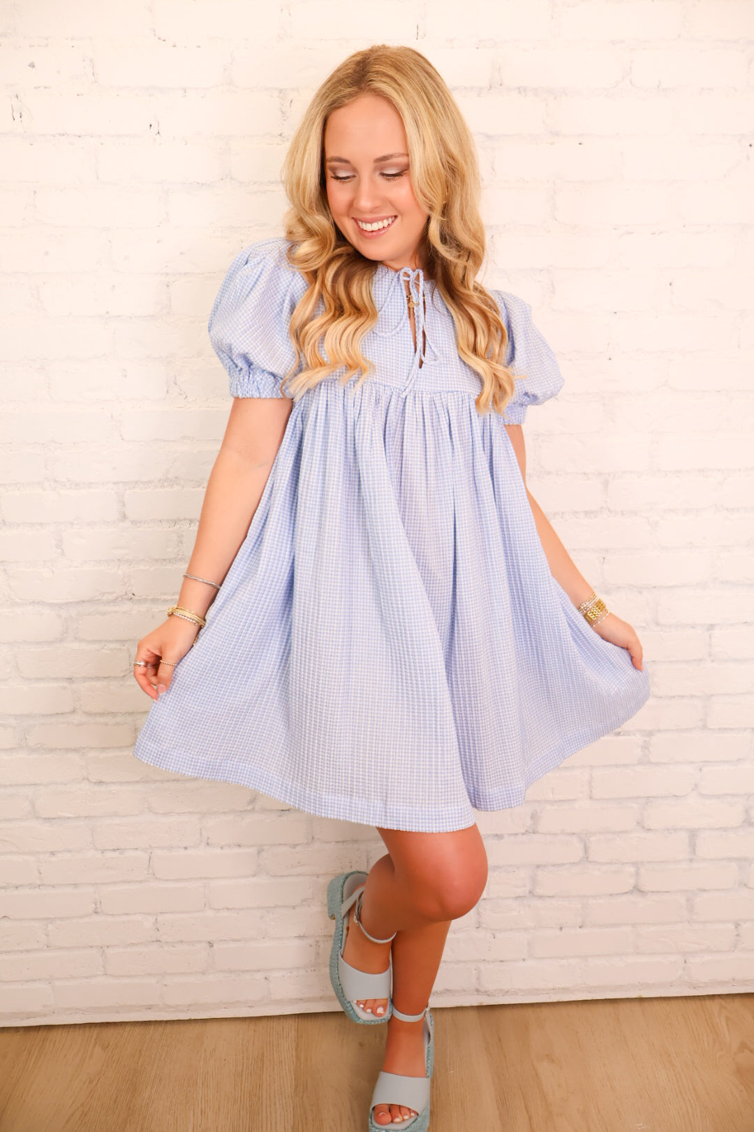 Gingham Babydoll Dress - Blue