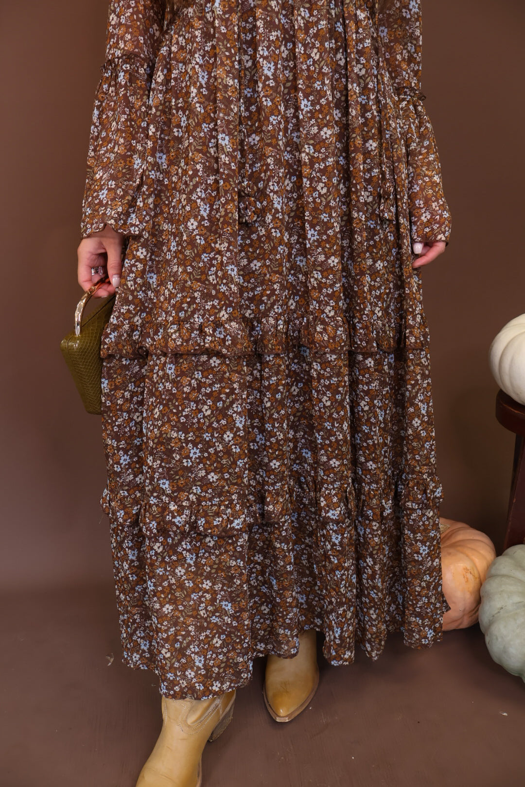 Brown Floral Long Sleeve Midi Dress — close-up of gathered midi skirt.
