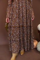 Brown Floral Long Sleeve Midi Dress — close-up of gathered midi skirt.