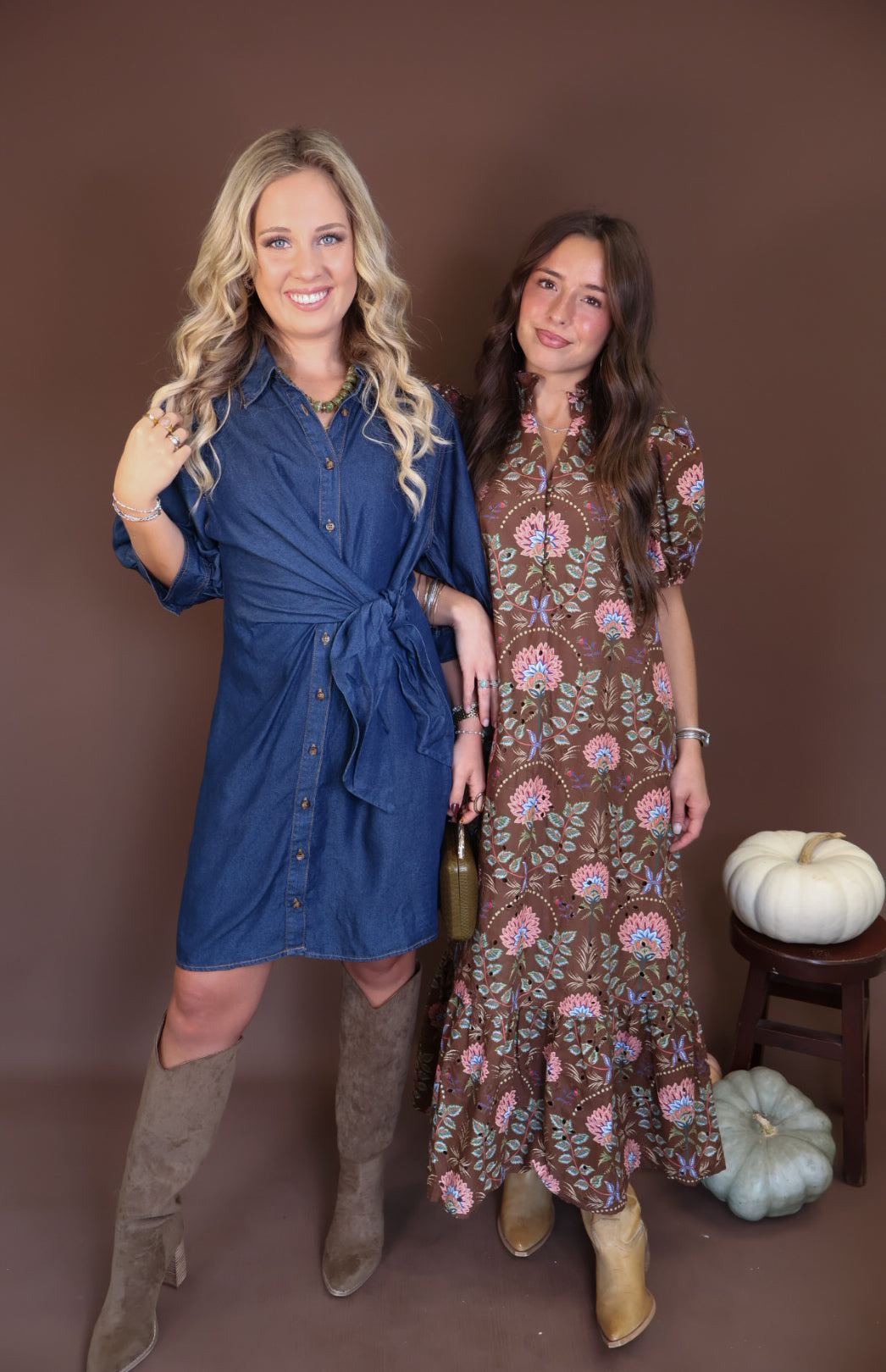 Dark Denim Tie-Front Shirt Dress — styled beside a floral midi dress.