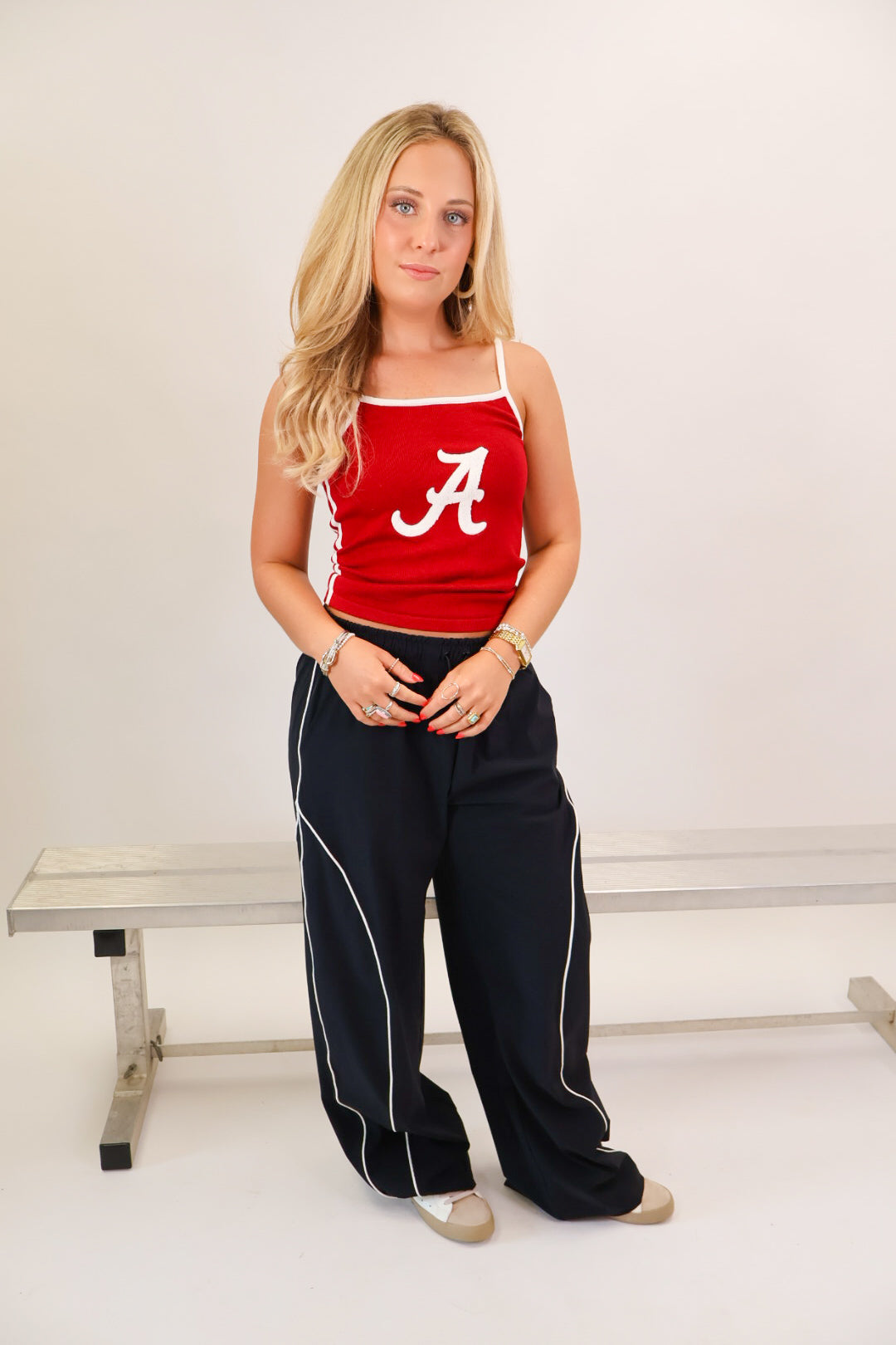 Crimson knit tank top with white script A and adjustable straps — view 2
