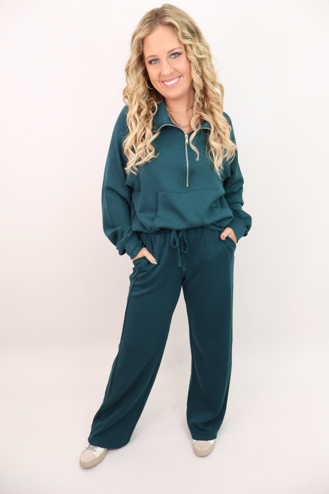 Soft Luxe Quarter Zip Pants Set - Deep Green