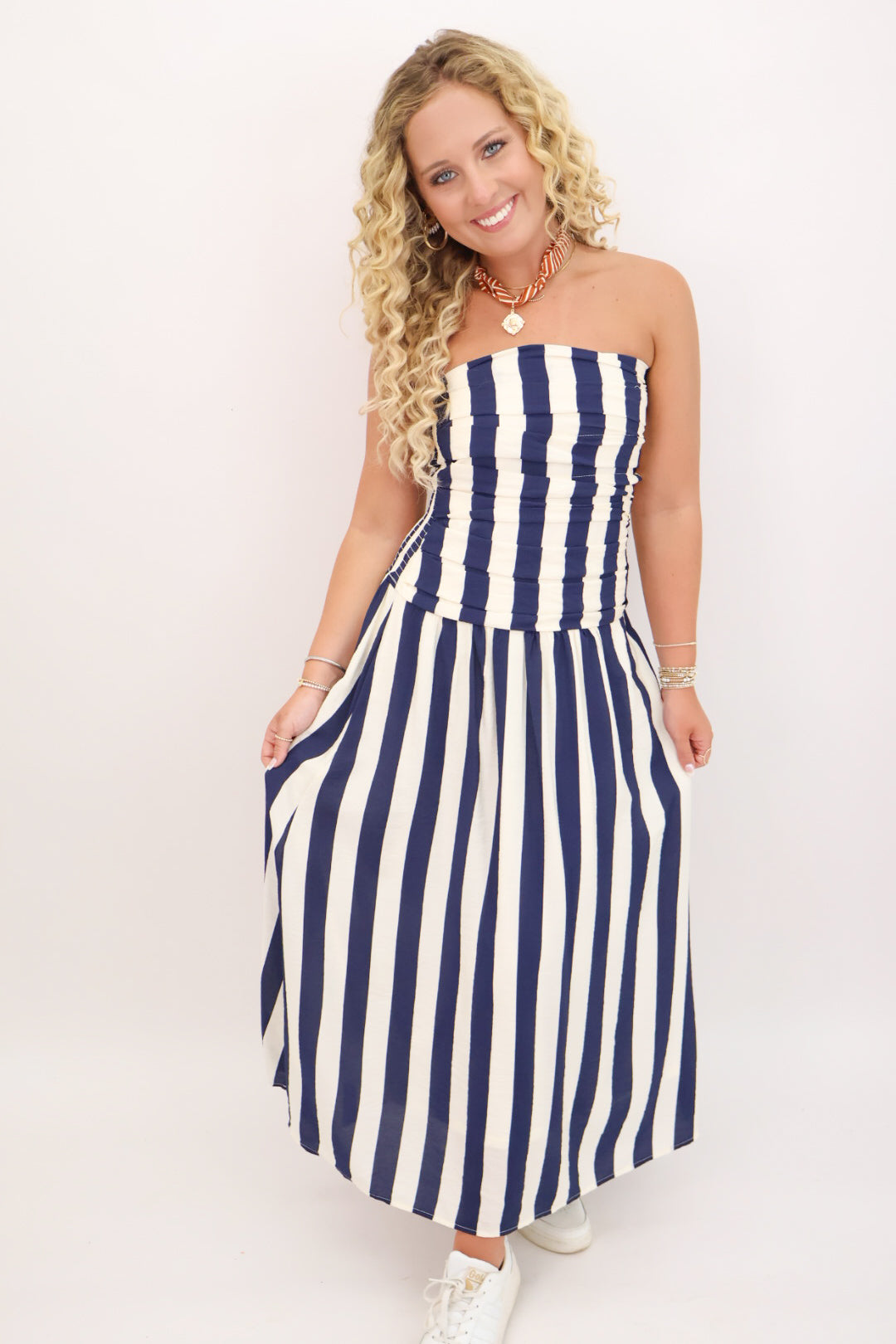 Striped Strapless Midi Dress - Navy