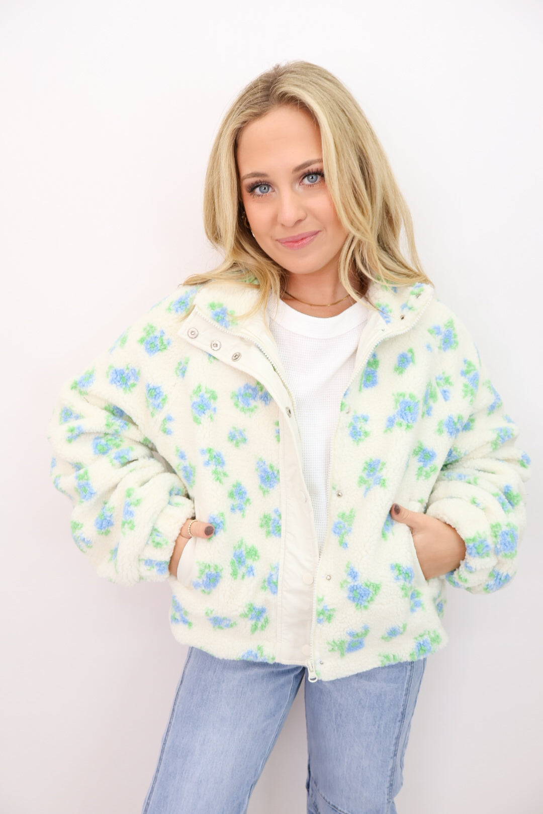 Blue Floral Sherpa Jacket