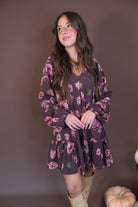 Brown Floral Tiered Babydoll Mini Dress — front view.